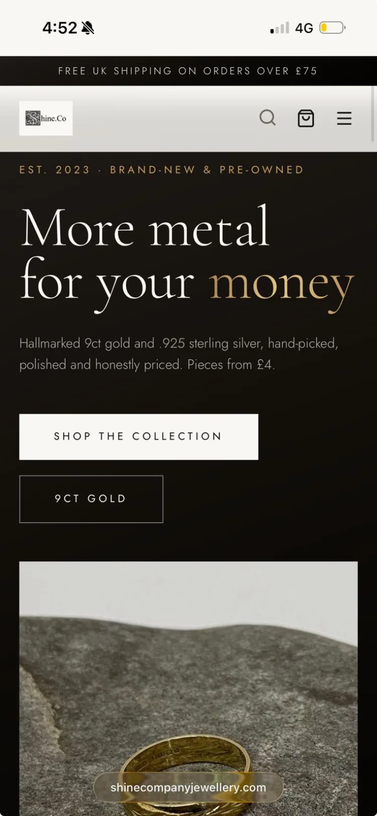 Shine.Co Jewellery homepage on mobile