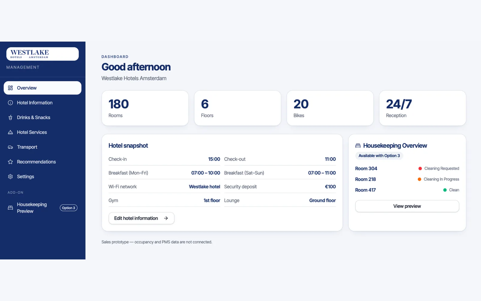 Westlake Hotels Amsterdam management dashboard