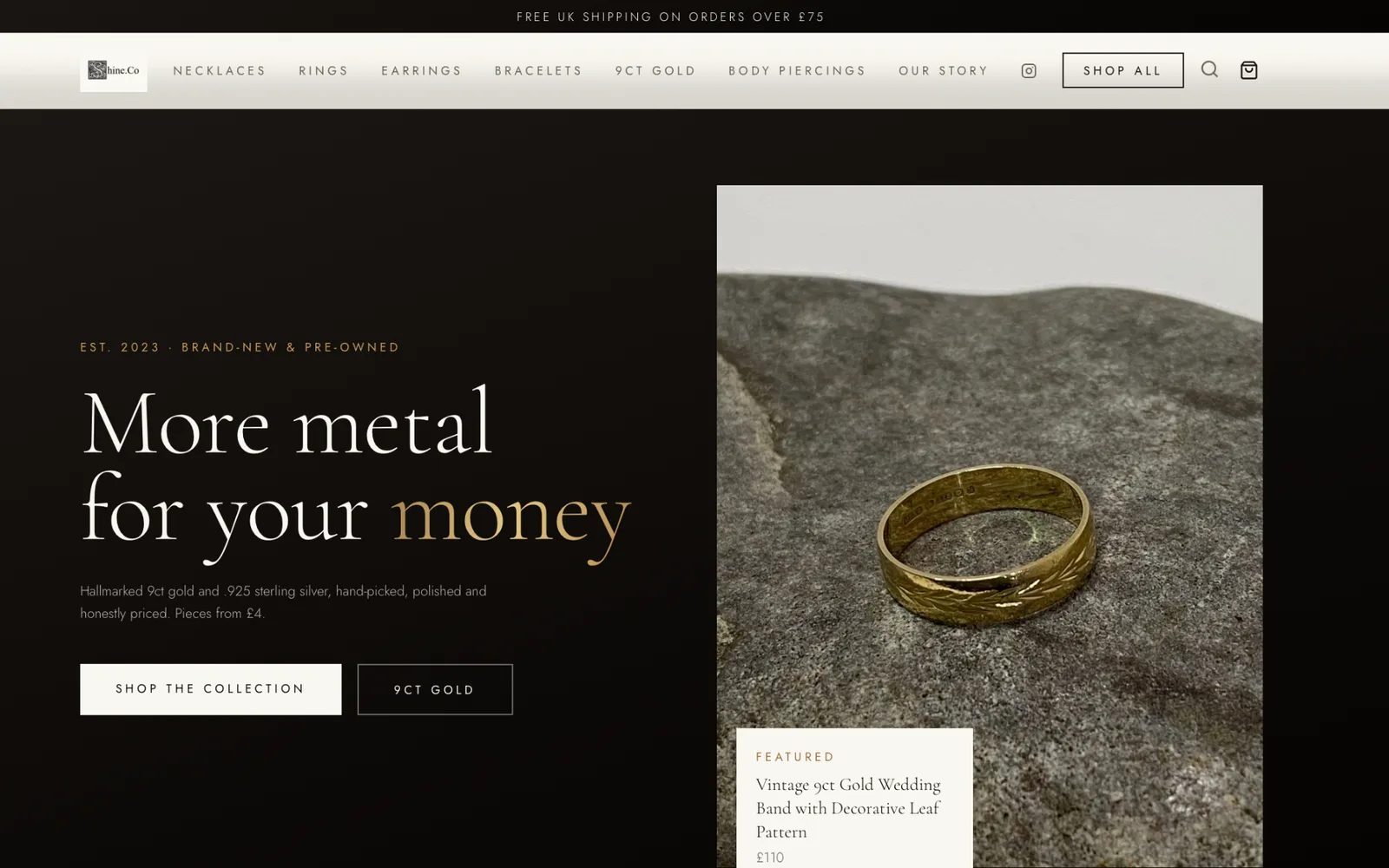 Shine.Co Jewellery e-commerce homepage on desktop